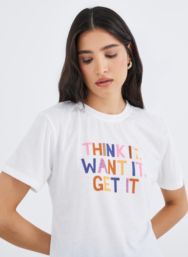 White Slogan Print Round Neck Women’s T-Shirt - Image 1