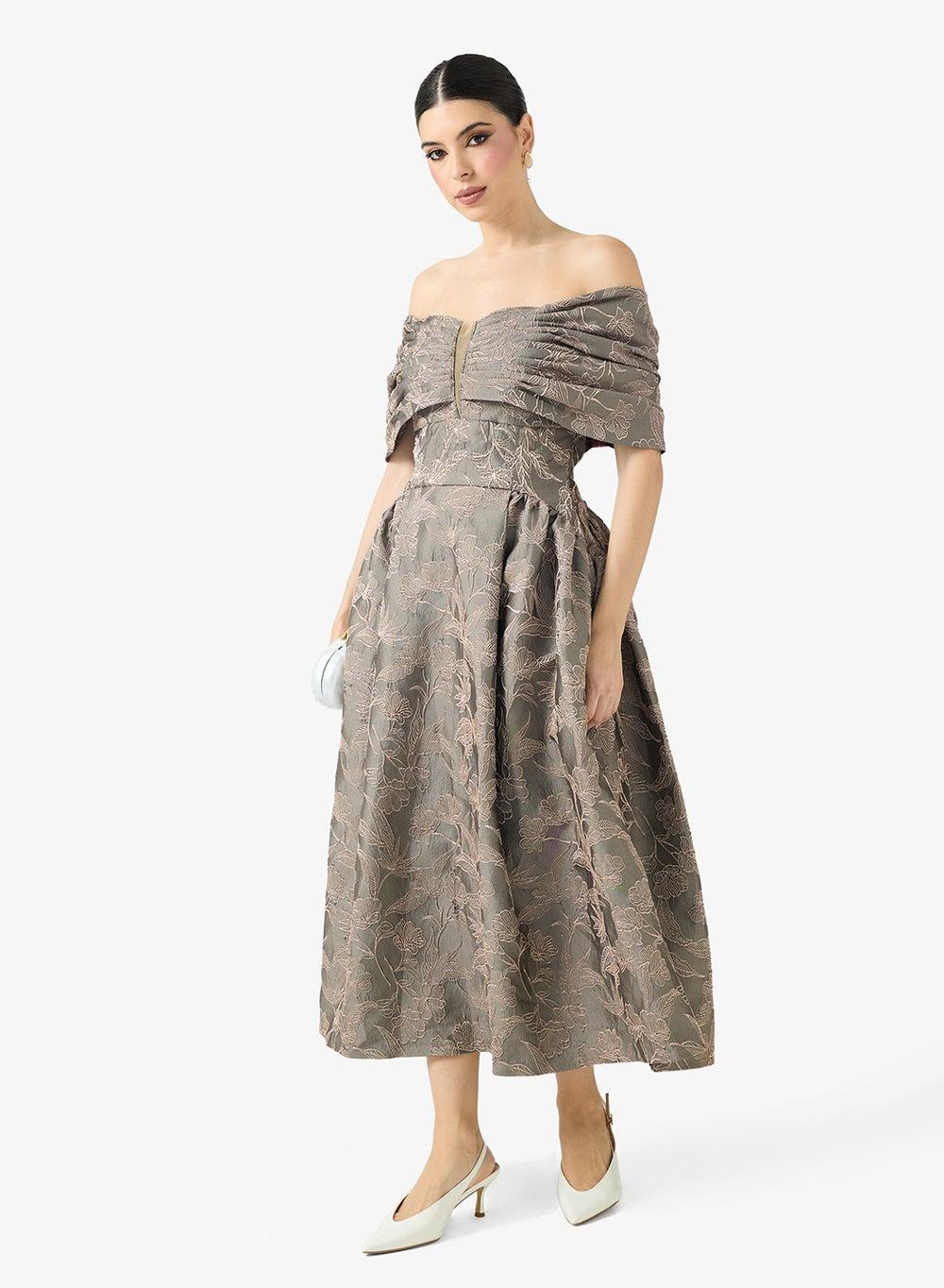 25193 Taupe Floral Off-Shoulder Midi Dress - Image 1
