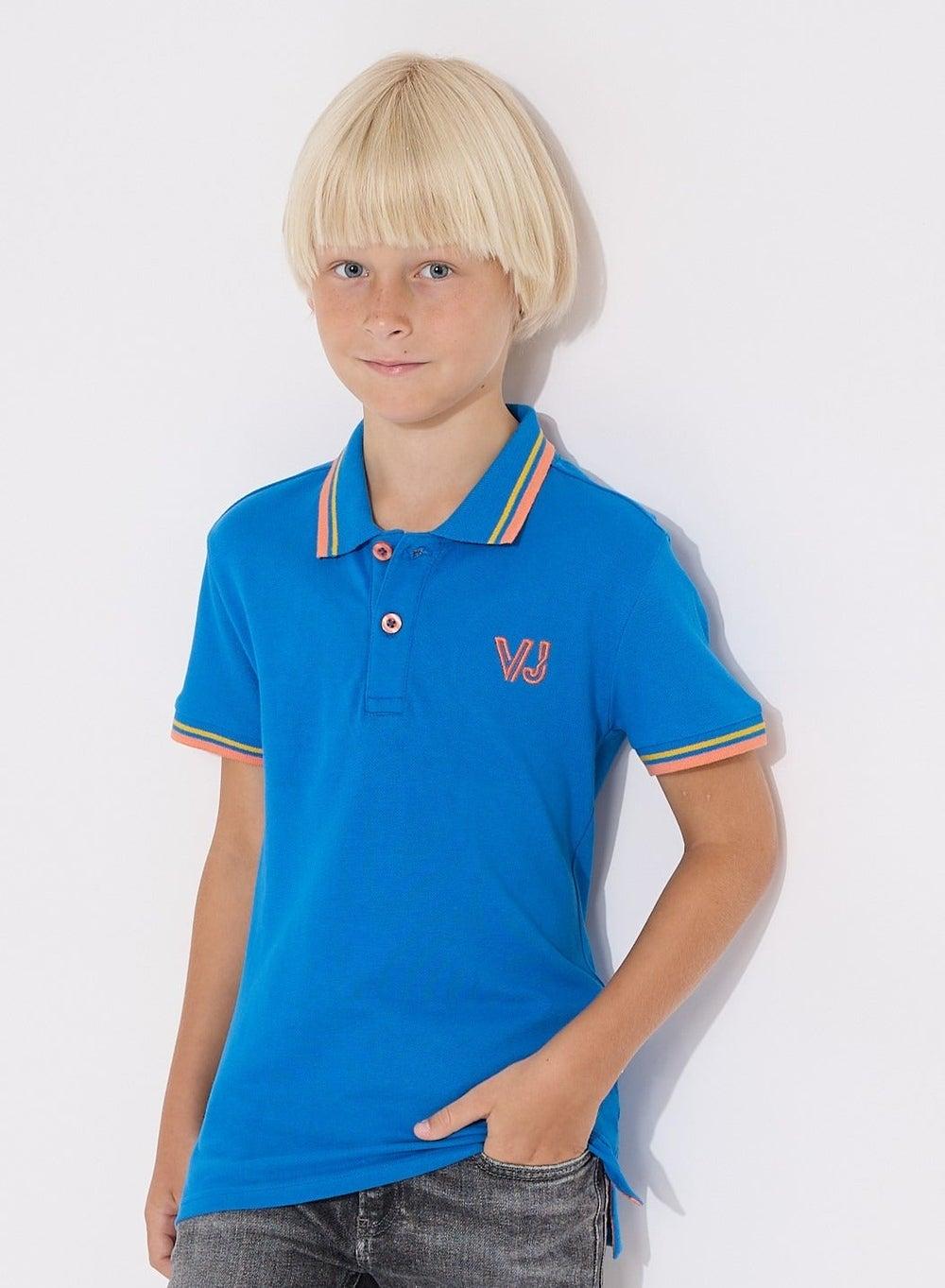 Boys Blue Cotton Polo T-Shirt with Embroidered Logo - Image 1