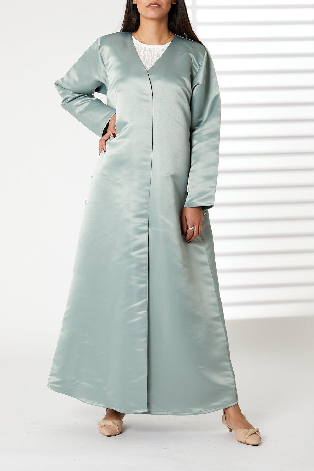 Green Satin Embroidered V-Neck Abaya with Split Cuffs - Image 1
