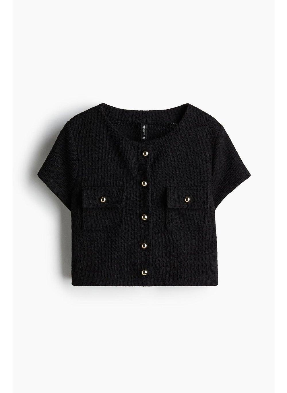 Black Waffled Jersey Button Crop Top - Image 1