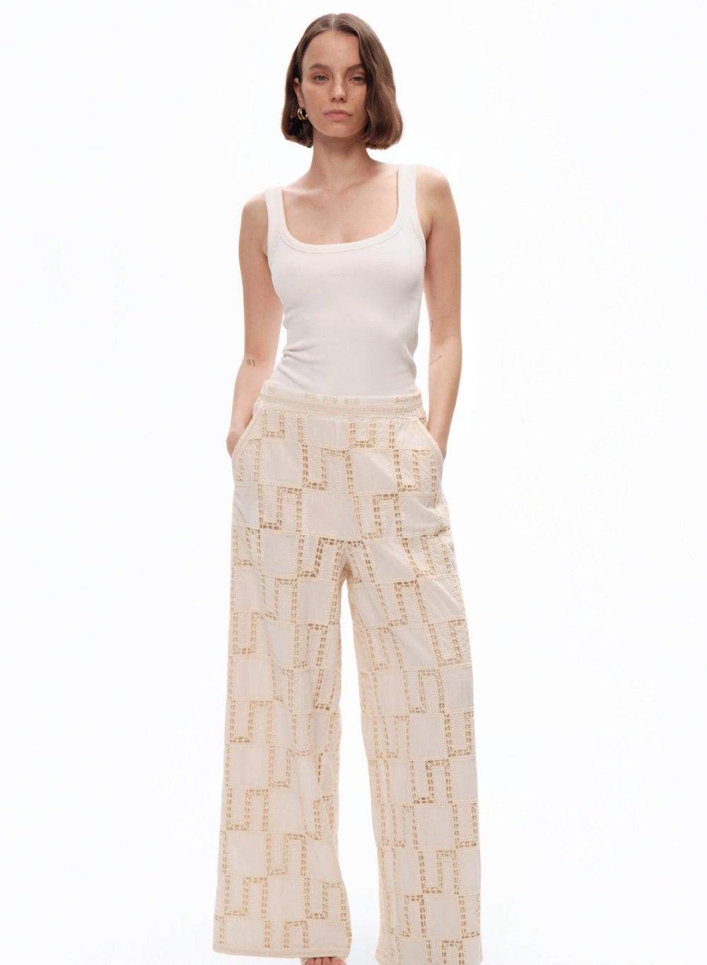 Cream Geometric Embroidered Wide-Leg Trousers - Image 1