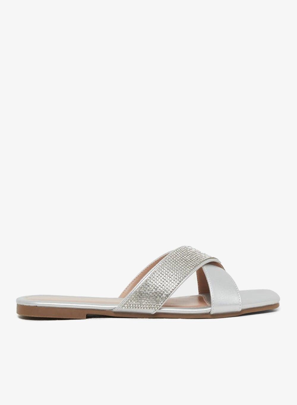 Silver Embellished Criss Cross Flat Sandals 7012681332 - Image 1