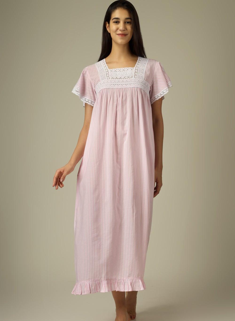 Acai Pink Cotton Gingham Lace Nightdress - Image 1