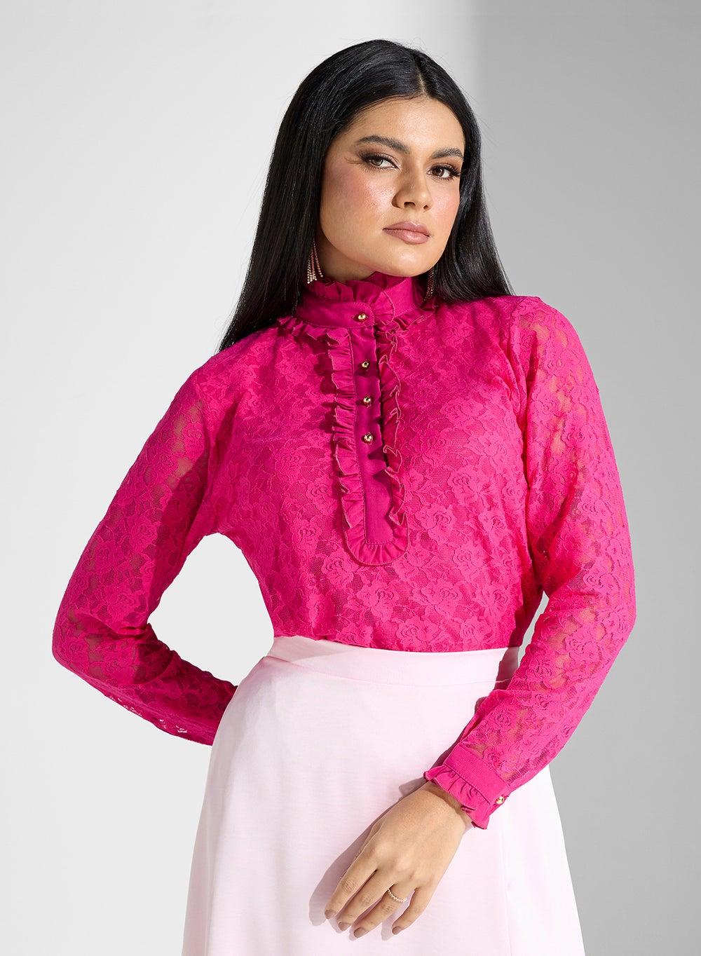 Fuchsia Lace Blouse with Gold Button Detail - Image 1