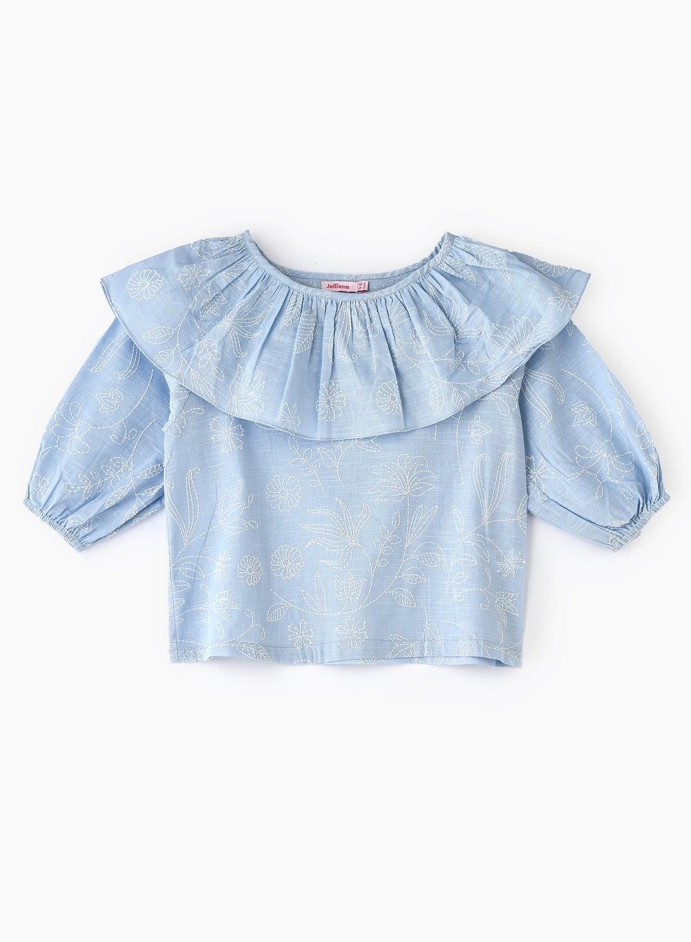 Girls' Blue Frill Neck Embroidered Top - Image 1