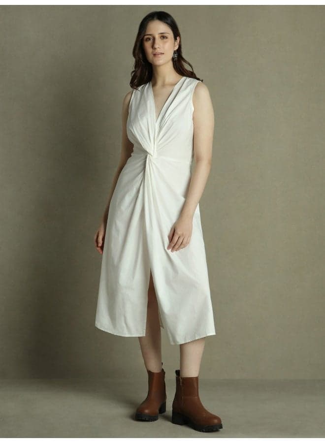 Twisted Sleeveless Midi Dress in White Cotton - Image 1