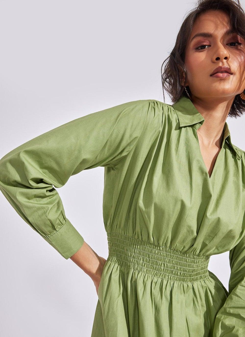 Leaf Smocked Sage Midi Dress with V-Neck - Image 1