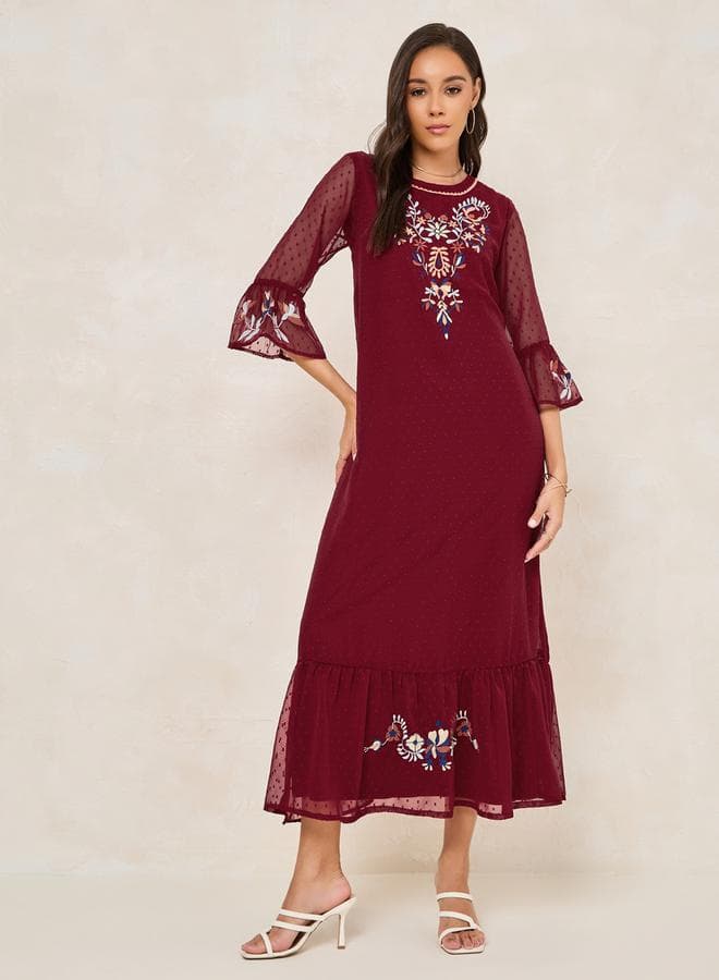 Burgundy Embroidered Midi Dress 7007643519 - Image 1
