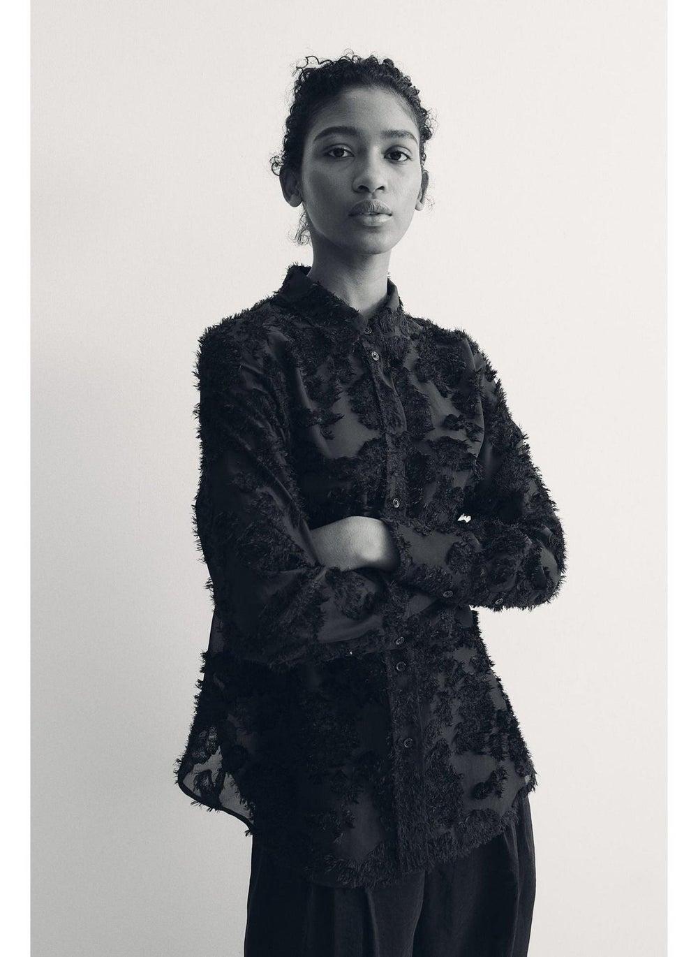Black Dark Textured-Weave Shirt with Tailored Detail - Image 1