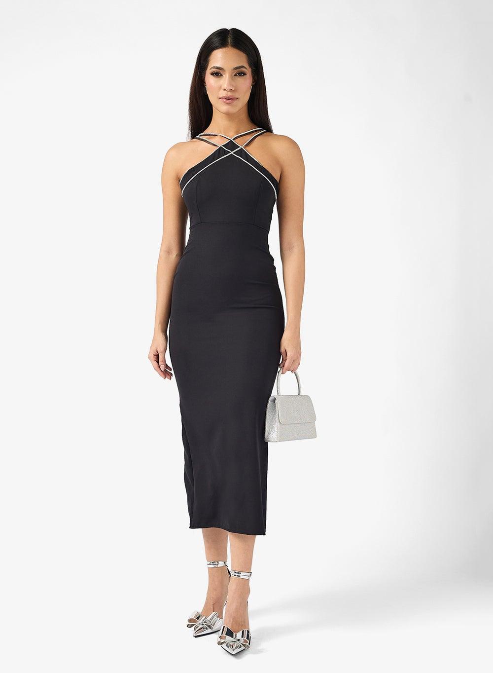 Crystal Strap Halter Neck Midi Bodycon Dress Ma050227 - Image 1