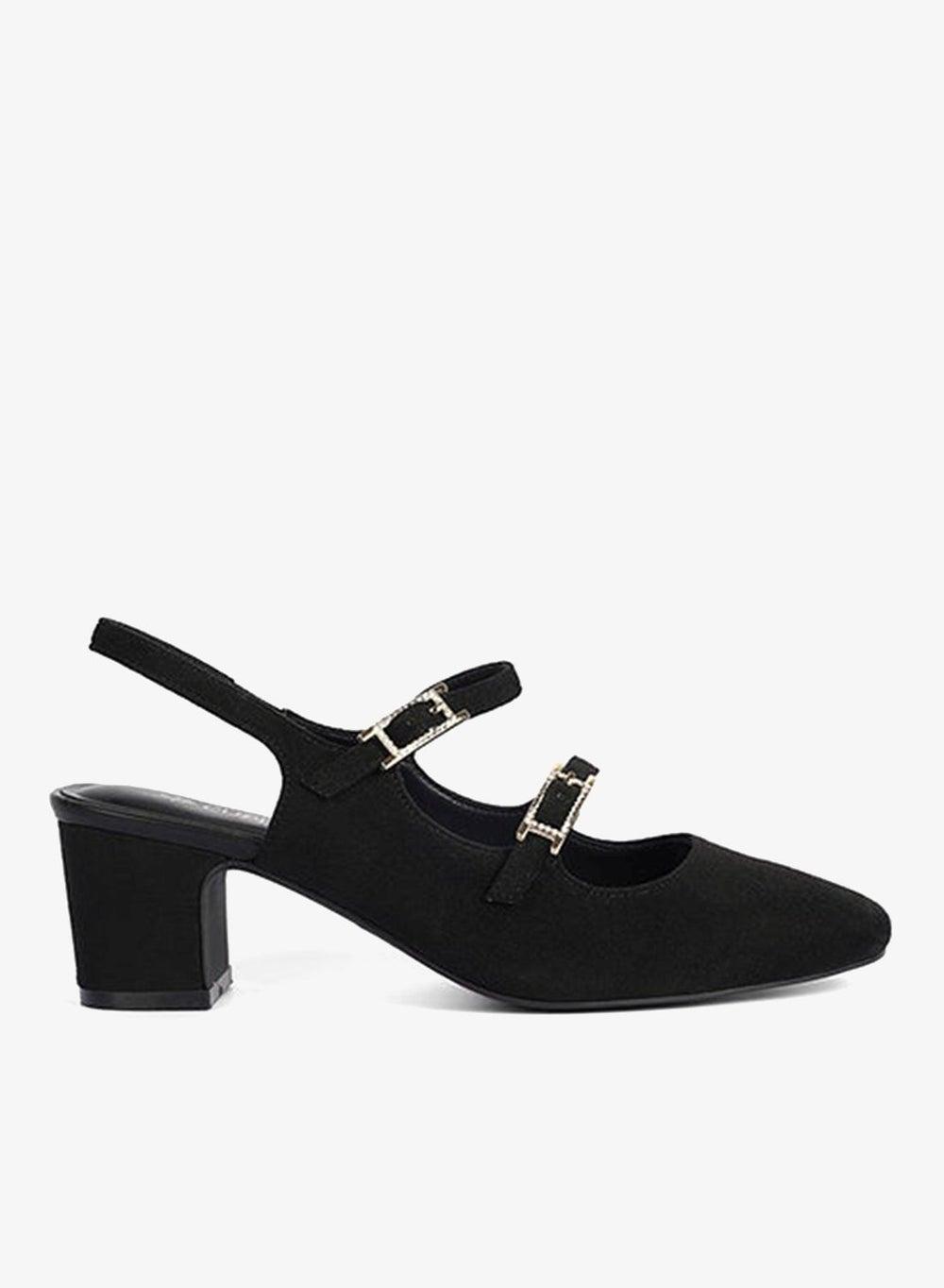 Black Satin Double Strap Block Heel Slingback Mules - Image 1