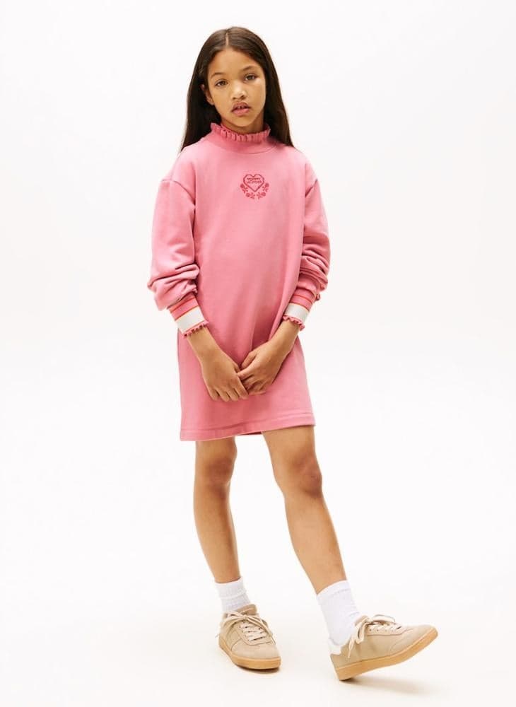Girls Ruffle Neck Knit Dress in Rose Pink - Image 1
