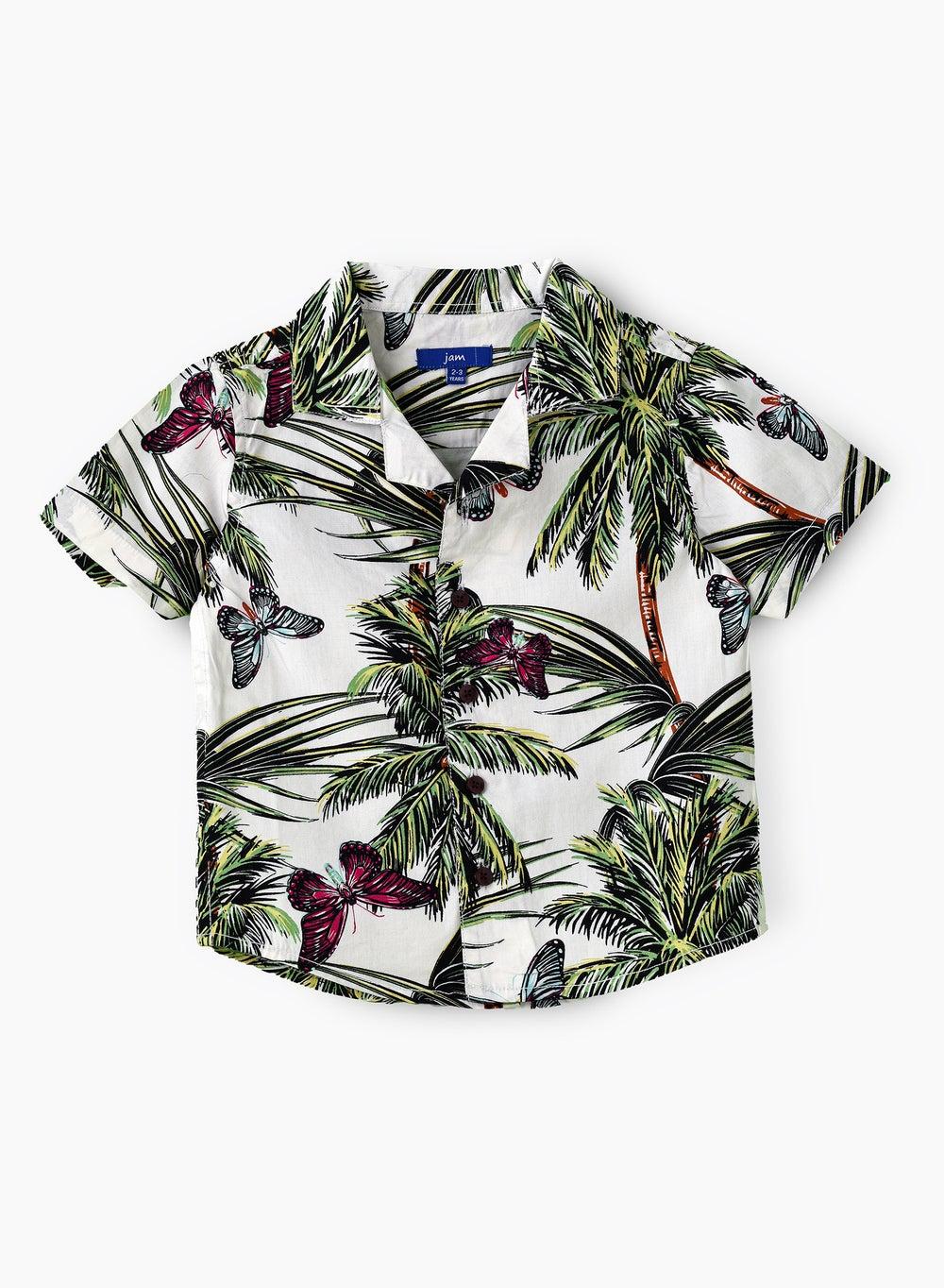 Boys Tropical Butterfly Cotton Camp Collar Shirt - Image 1