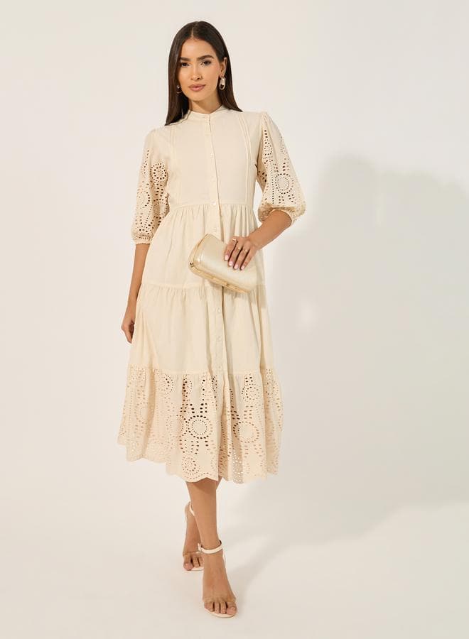 Cream Eyelet Tiered Midi Dress 7011312524 - Image 1