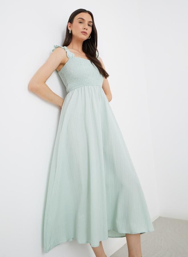 Mint Green Smocked Strappy A-Line Midi Dress - Image 1