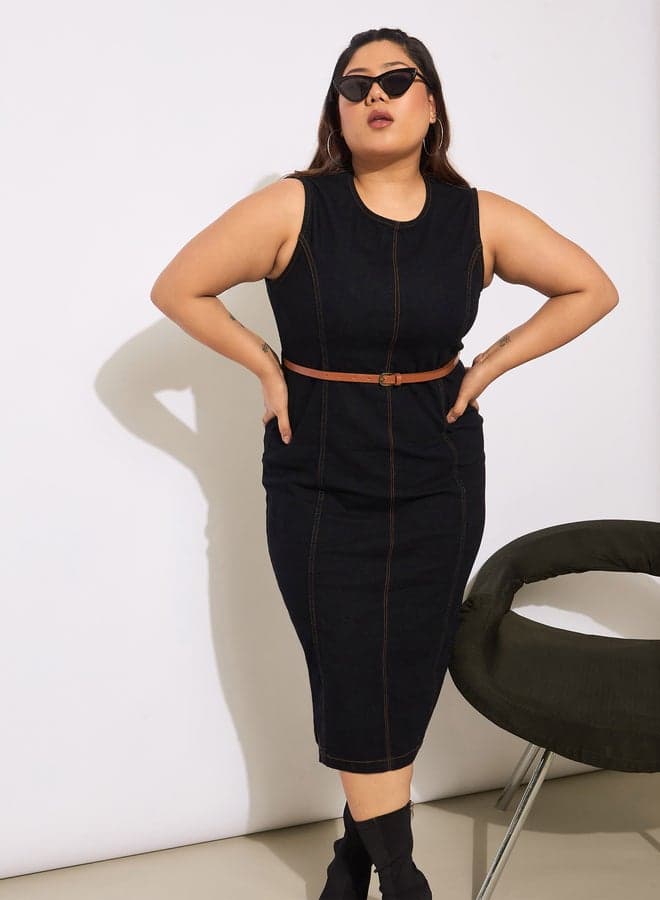 SASSAFRAS Plus Size Black Denim Belted Midi Dress - Image 1
