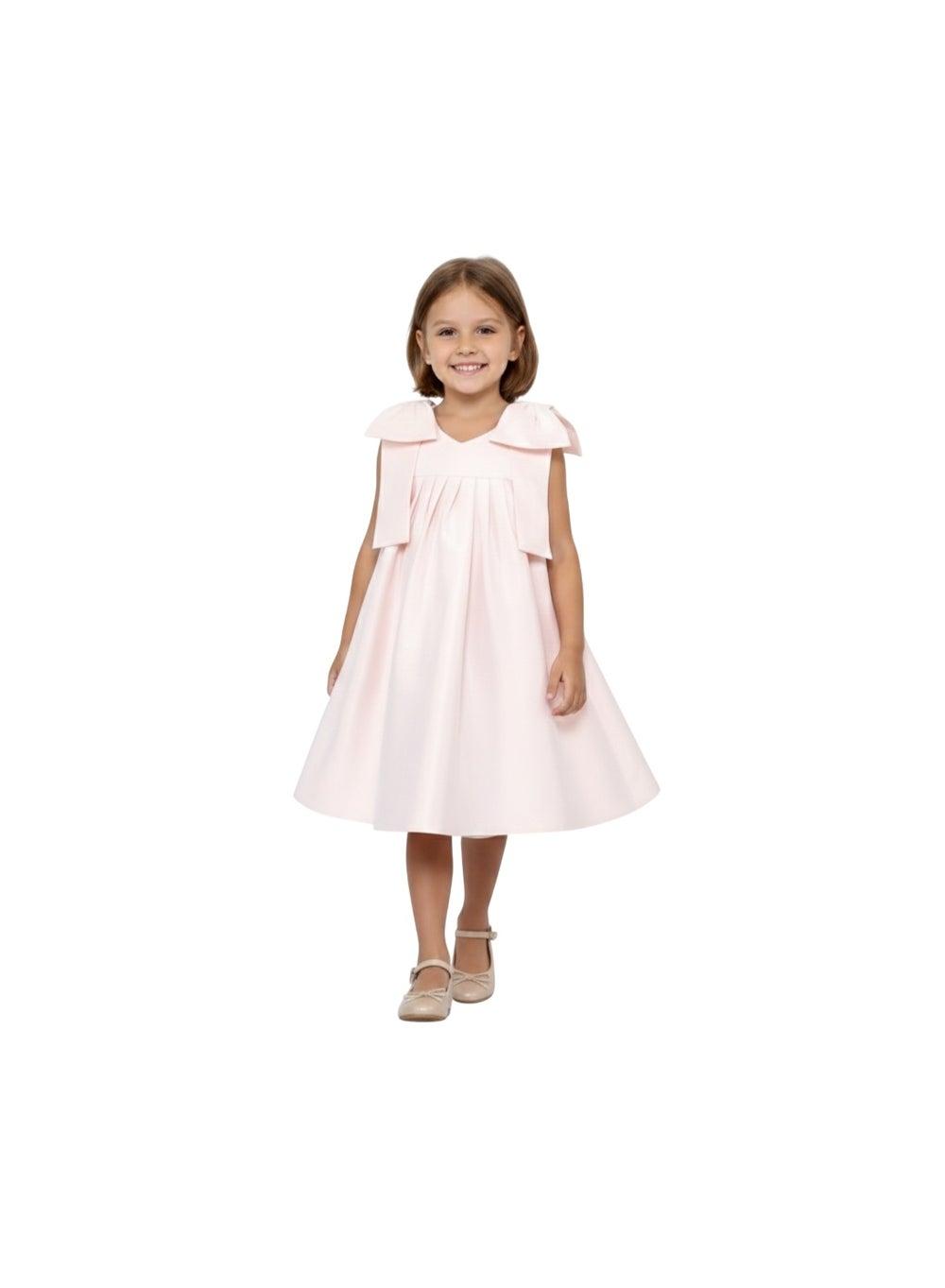 Light Pink Satin A-Line Dress with Bow Detail - Image 1