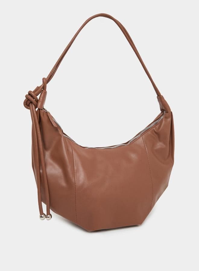 Styli Textured Brown Leather Shoulder Bag Zip Closure - Image 1