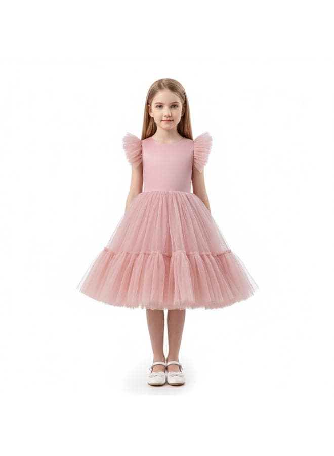 Rose Pink Tulle Ruffle Midi Dress for Girls - Image 1