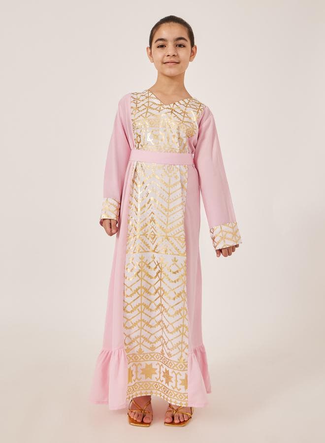 Styli Foil Print Tie Belt Maxi Dress - Image 1