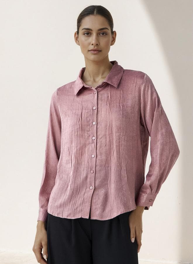 Pink Viscose Textured Regular Fit Collared Shirt - Image 1