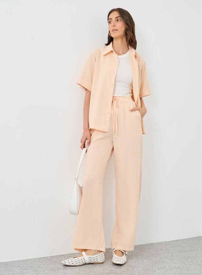Peach Solid Collared Shirt & Wide-Leg Co-Ord Set - Image 1