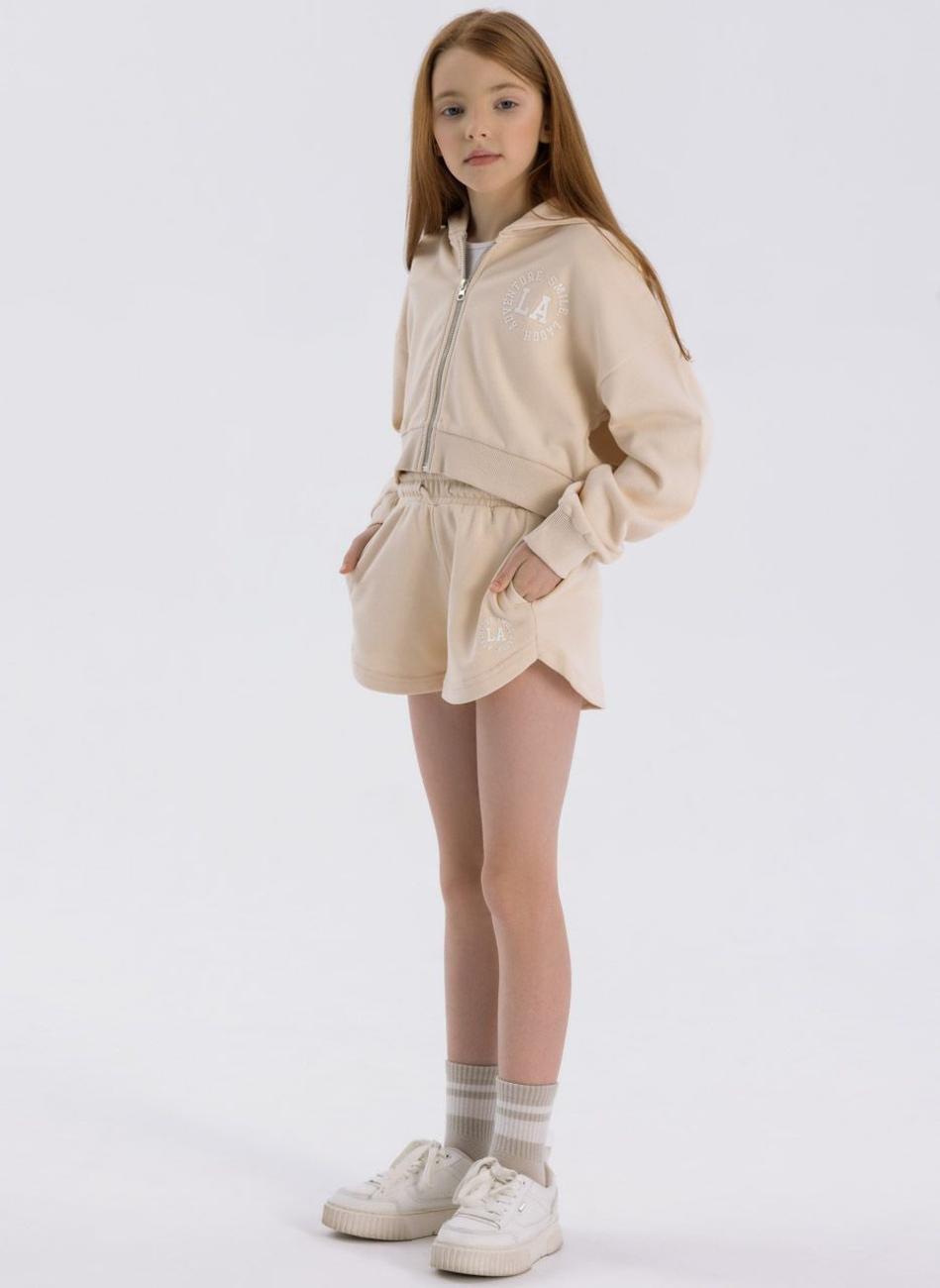 Girls Lightweight Zip-Through Hoody & Shorts Set Beige - Image 1