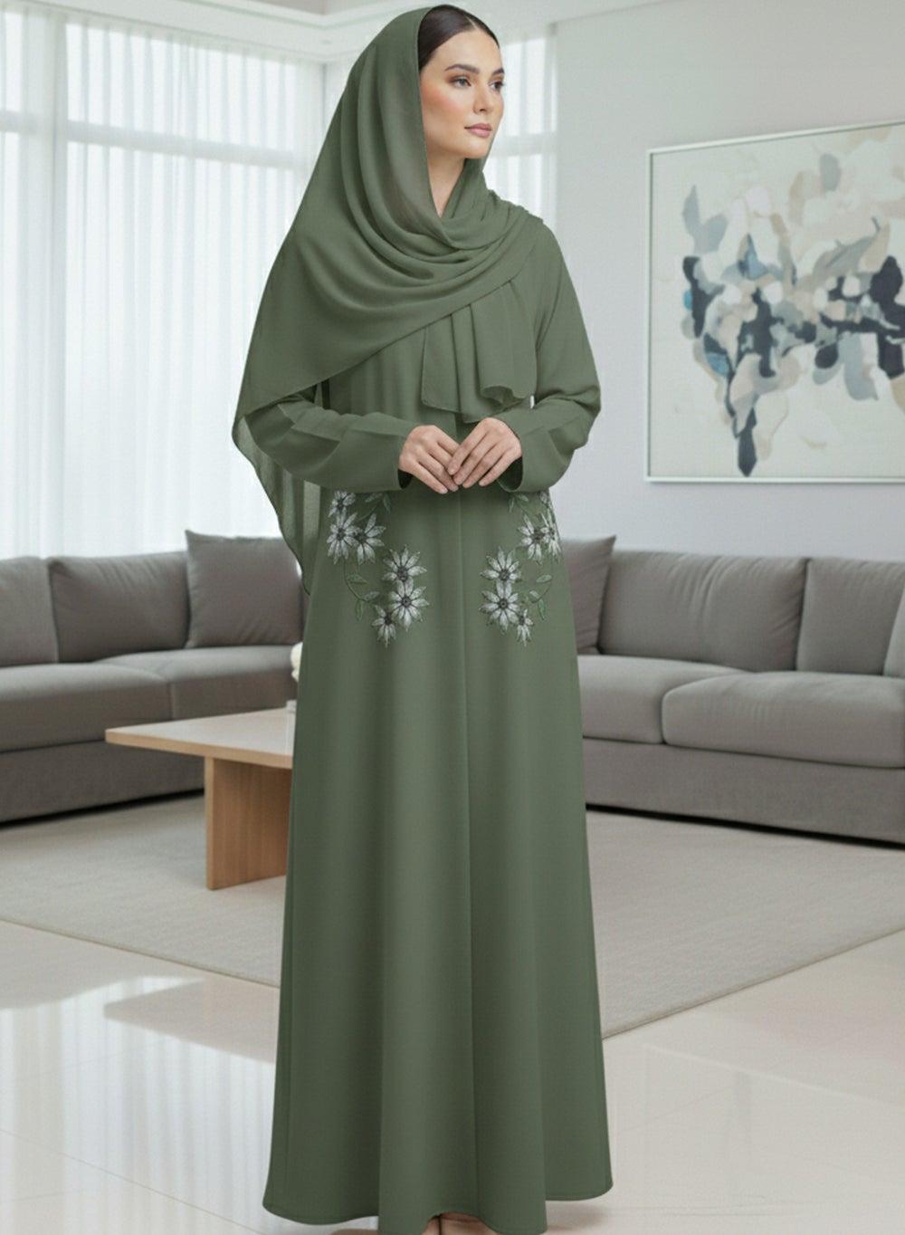 Handmade Floral Embbroidered Green Abaya with Sheila - Image 1