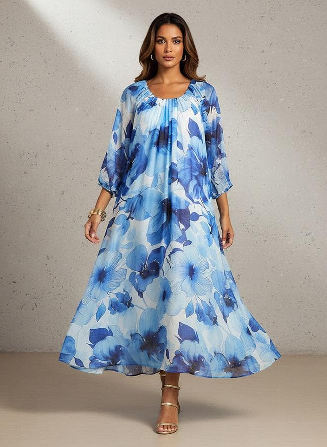 Iconic Blue Floral A-Line Midi Dress with Pockets - Image 1