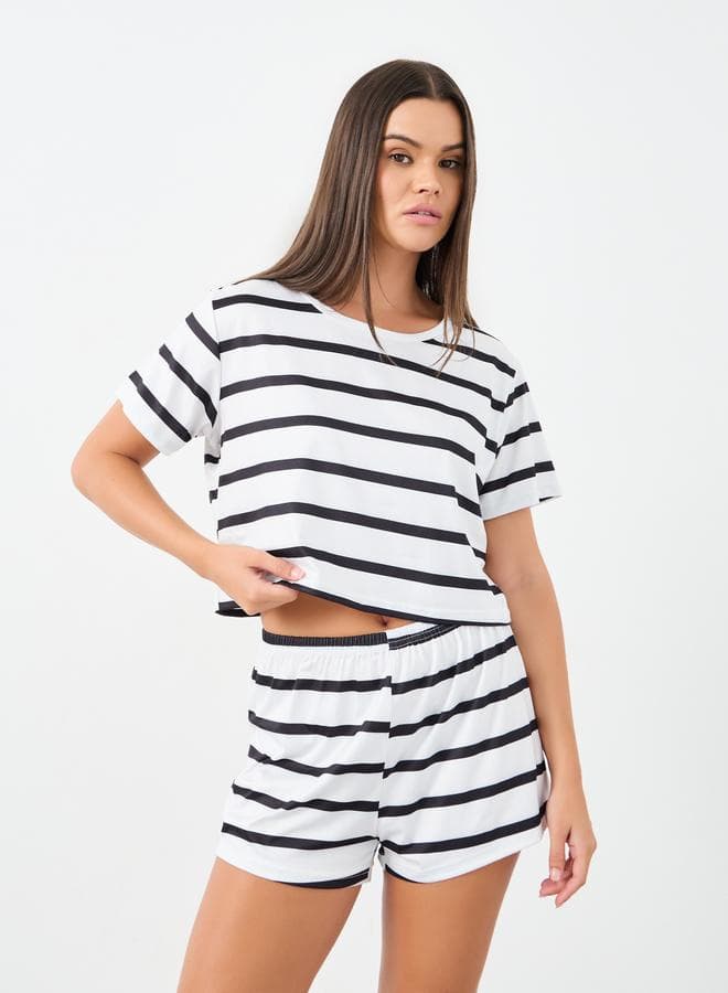 Styli Striped Crop Tee & Shorts Lounge Set - Image 1