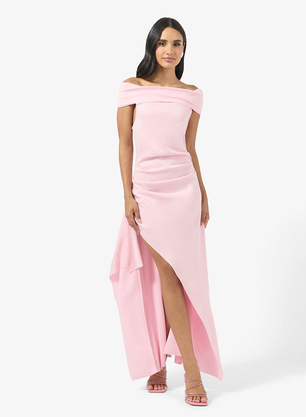 Pink Off-Shoulder Frill Maxi Bodycon Dress Y250612084 - Image 1