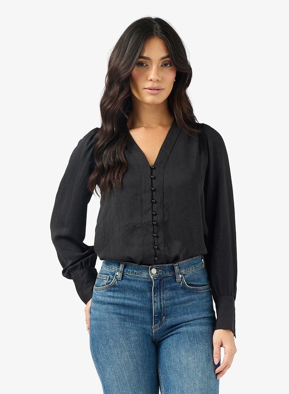 Black V-Neck Long Sleeve Woven Shirt 10333598 - Image 1