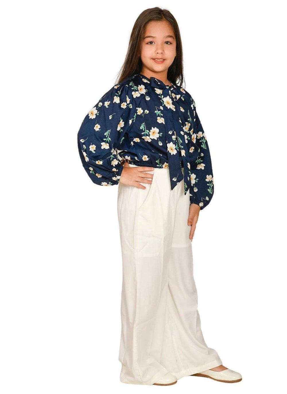 Floral Print Top with Navy White Pant Set - Image 1