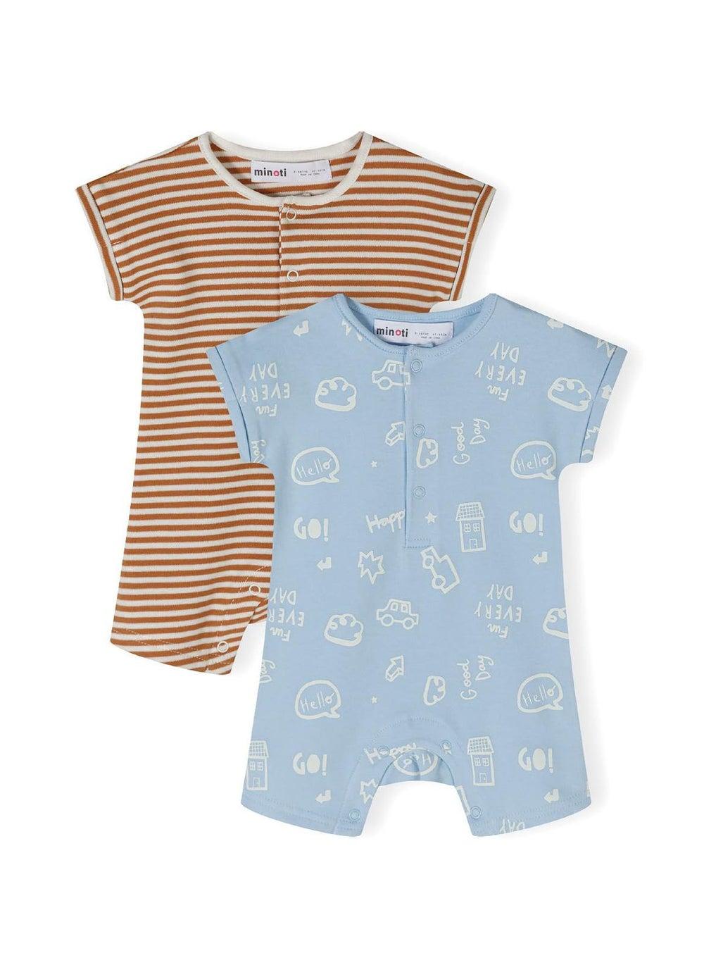 Boys Printed Cotton Short Sleeve Rompers Beige 2 Pack - Image 1