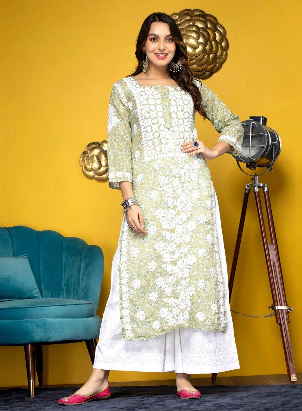 Green Chikankari Cotton Kurta AL3637 Elegant Classic Fit - Image 1