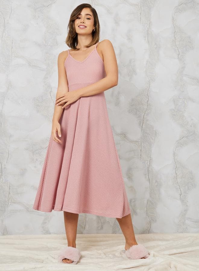 Pink Waffle Knit V-Neck Nightdress 7006815328 - Image 1
