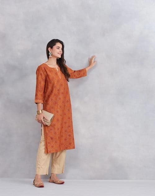 Orange Cotton Silk Hand Block Printed Kurta - Image 1