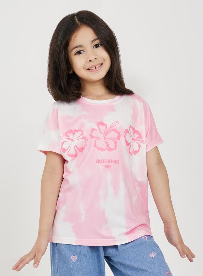 Tie Dye Floral Print T-Shirt 2111318228Pink - Image 1