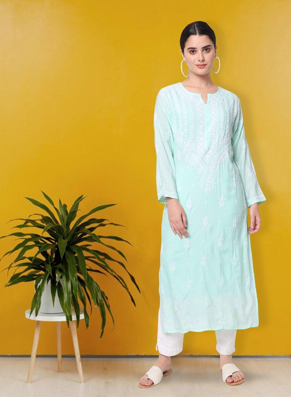 Seagreen Chikankari Cotton Kurta AL3584 Classic Elegance - Image 1
