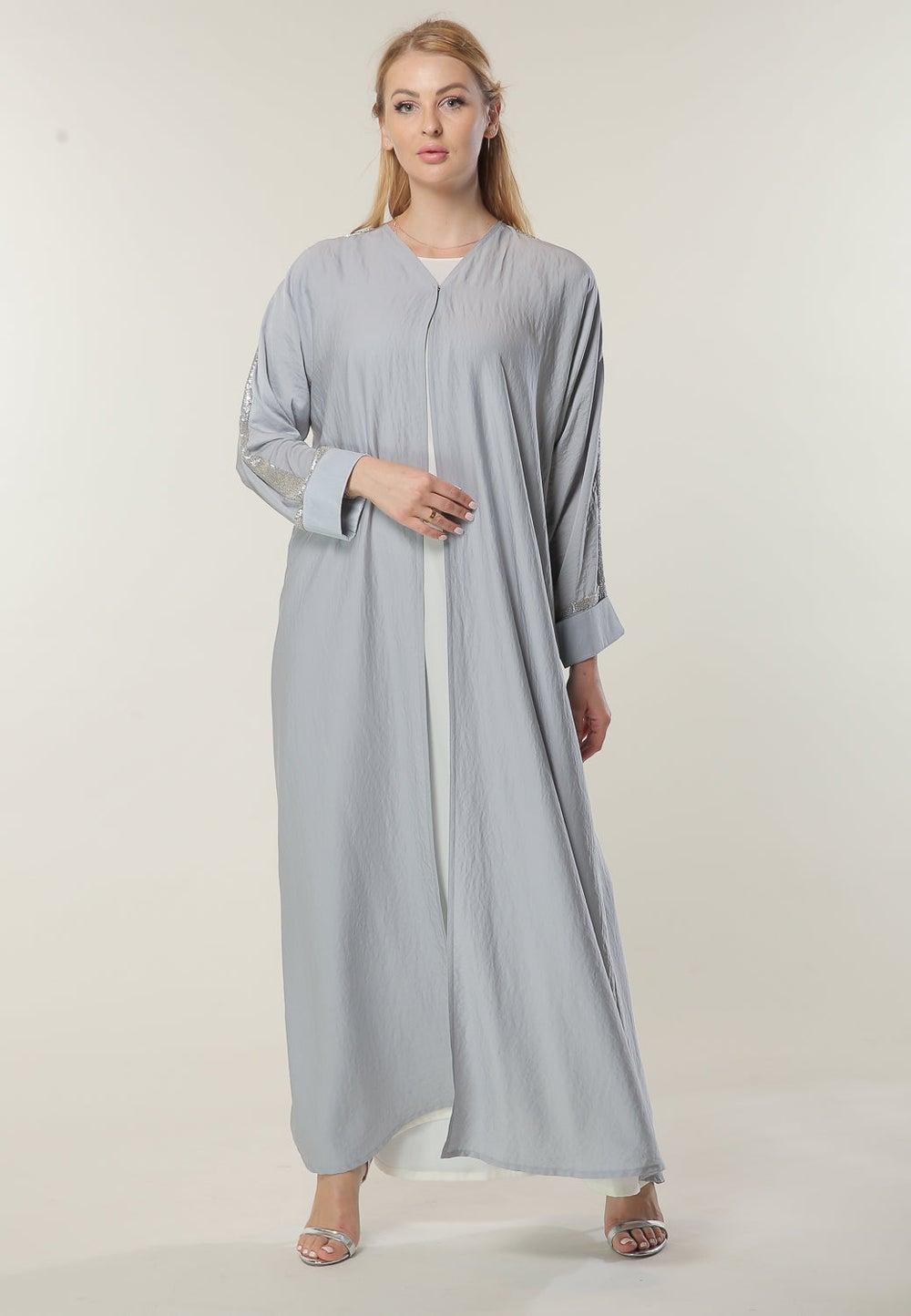 Grey Embellished Open Abaya for Elegant Layering - Image 1