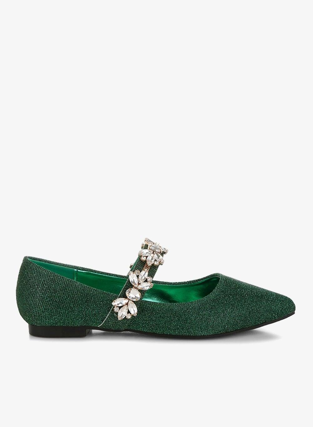 Green Diamante Brooch Glitter Ballerina Flats Sh5302 - Image 1
