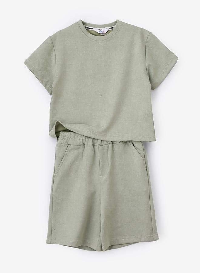 Casual Pastel Green Cotton Shorts Set 7854 - Image 1