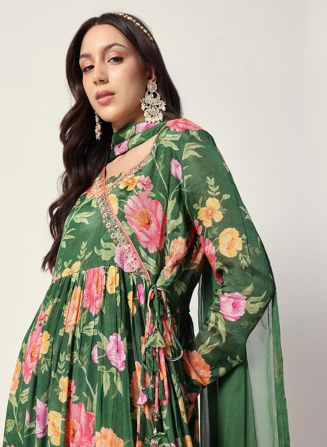 Green Chiffon Textured Kurta Set with Palazzo - Image 1
