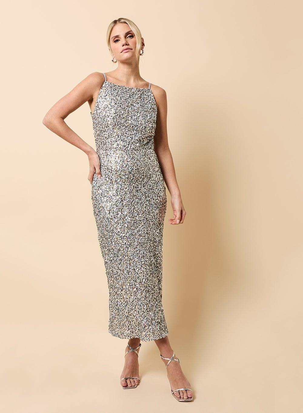 Silver Sequin Strappy Midaxi Bodycon Dress D35444R1A - Image 1
