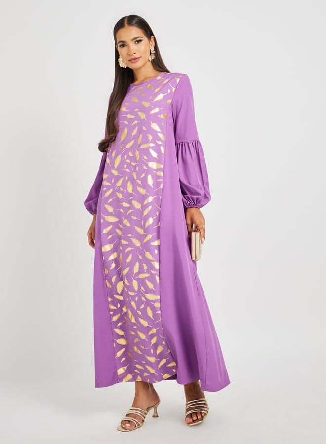 Purple Foil Printed Cuffed Sleeve Jalabiya 7012230229 - Image 1