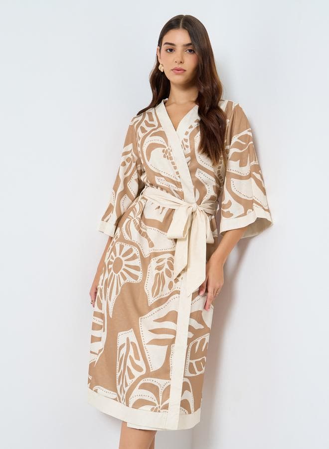 Styli Printed Wrap Midi Dress with Waist Tie - Image 1