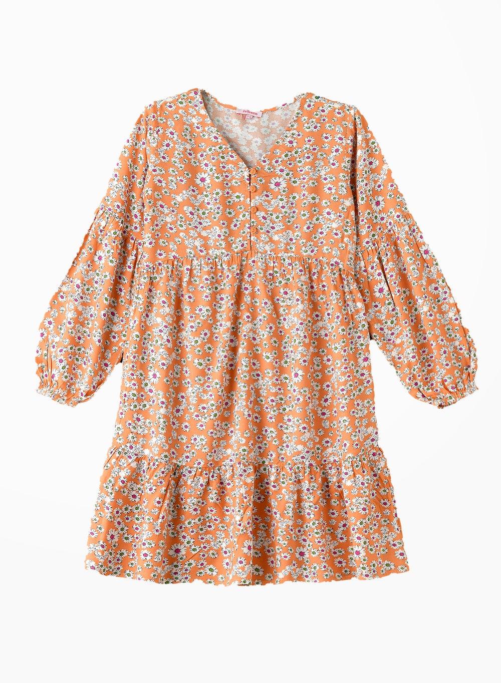 Girls Orange Floral Tiered Dress Chtng307 - Image 1