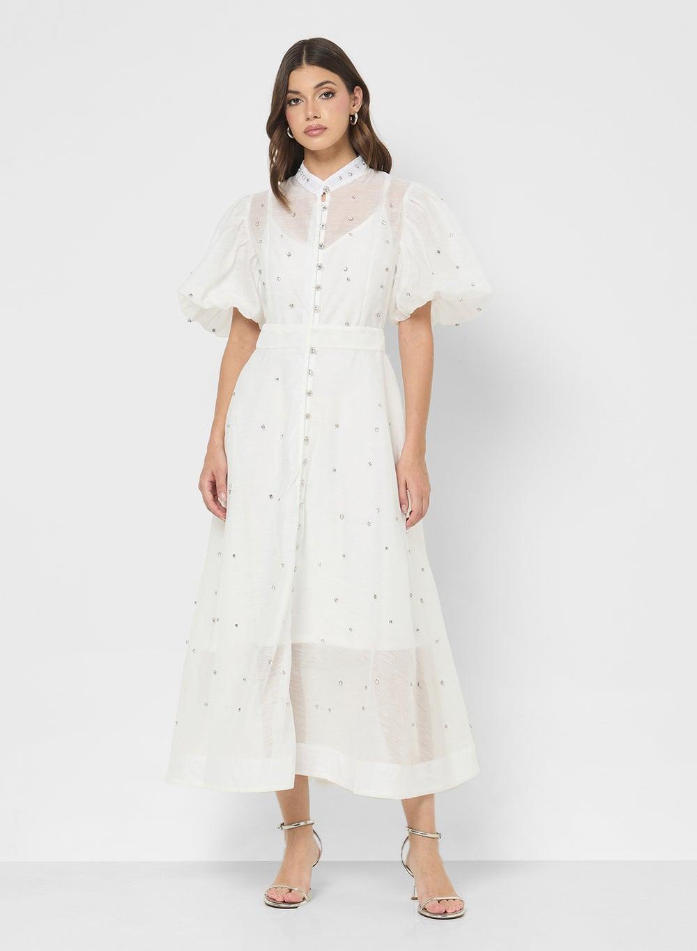 2562E White Puff Sleeve Embellished Midi Shirt Dress - Image 1