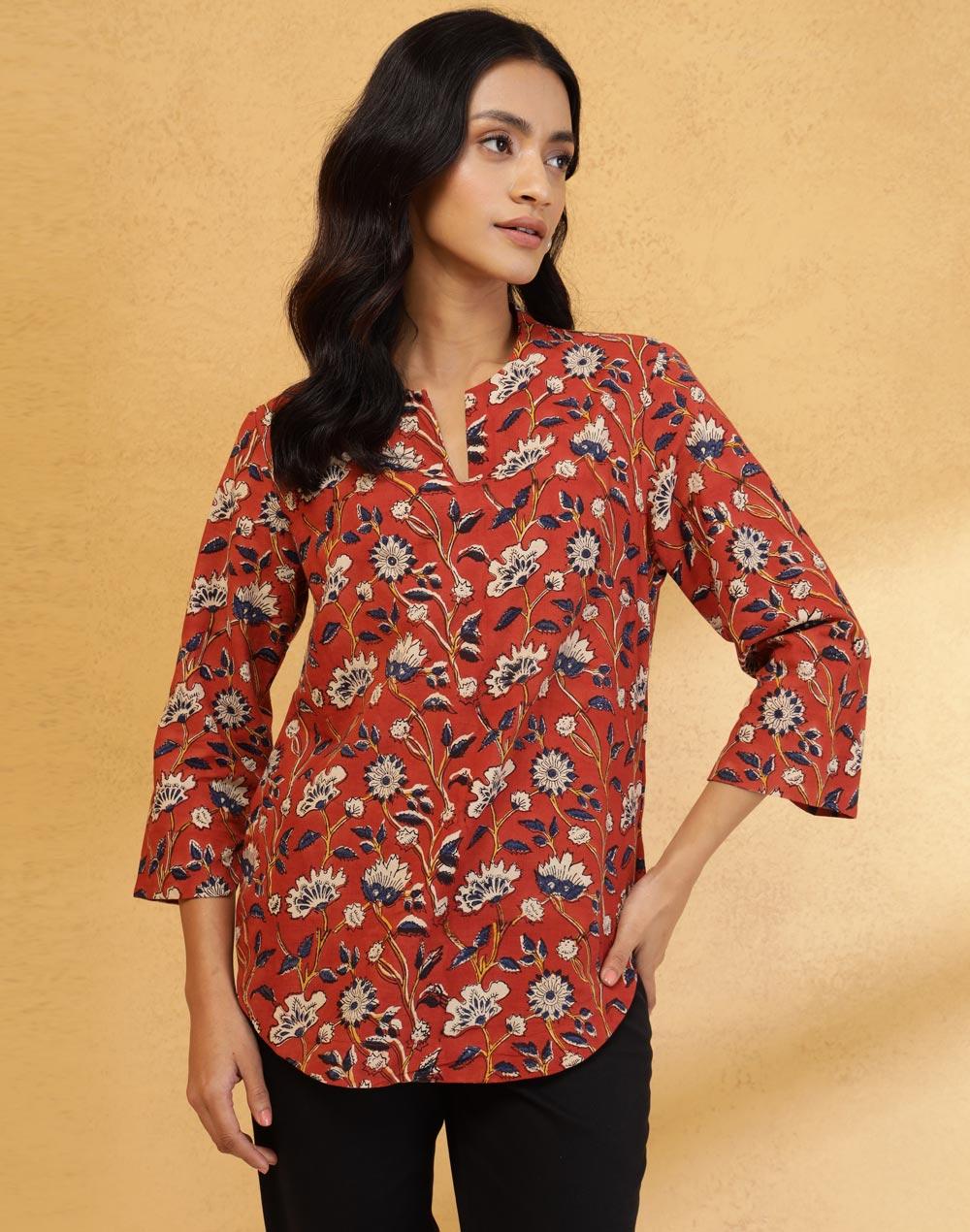 Red Cotton Bagru Print Kurta with Chinese Collar - Image 1